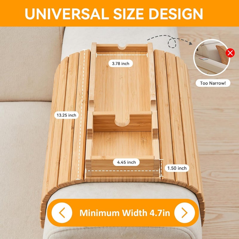 GEHE Bamboo Couch Cup Holder, Anti-Spill Sofa Arm Tray, Natural and Easy to Clean Couch Arm Cup Holder Armrest Tray Perfect for Cups, Beers, Snacks, Remote Control, Drinks - Image 2